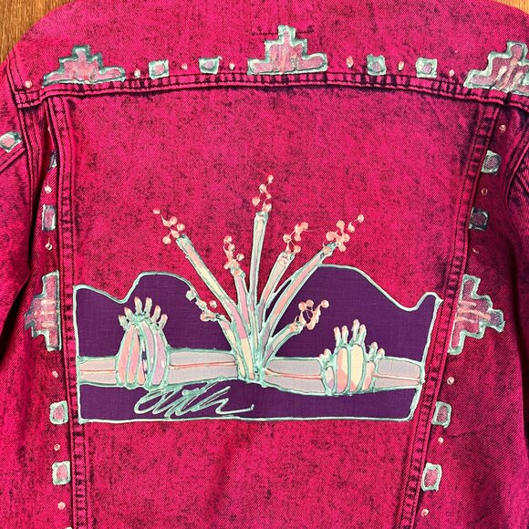 Vintage Sundance Denim Wear Jean Jacket Hand painted Southwestern Pink 80s 90s - Picture 7 of 12